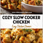 Bowl of slow-cooked chicken and stuffing inspiring easy Crockpot dishes and Recetas De Cena ideas